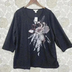 NWT Cj Banks Womens Black Floral Cut out Blouse 2X Plus Size, 3/4 Sleeve Scoop n